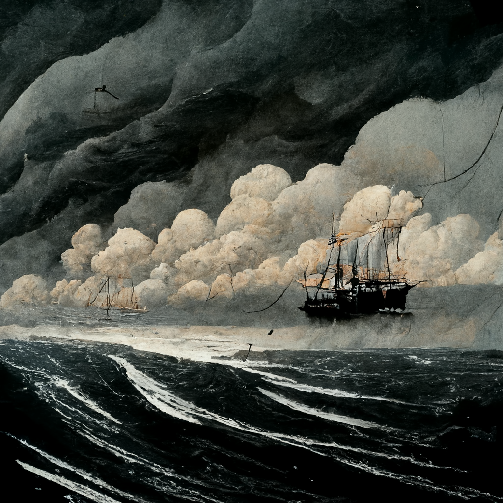 A stylized painting or illustration of rough seas. Dark waves fill he lower third of the image. In the middle distance is a black or darkened ship with complex rigging and at least two masts and multiple sails. Near the horizon a second, smaller shi