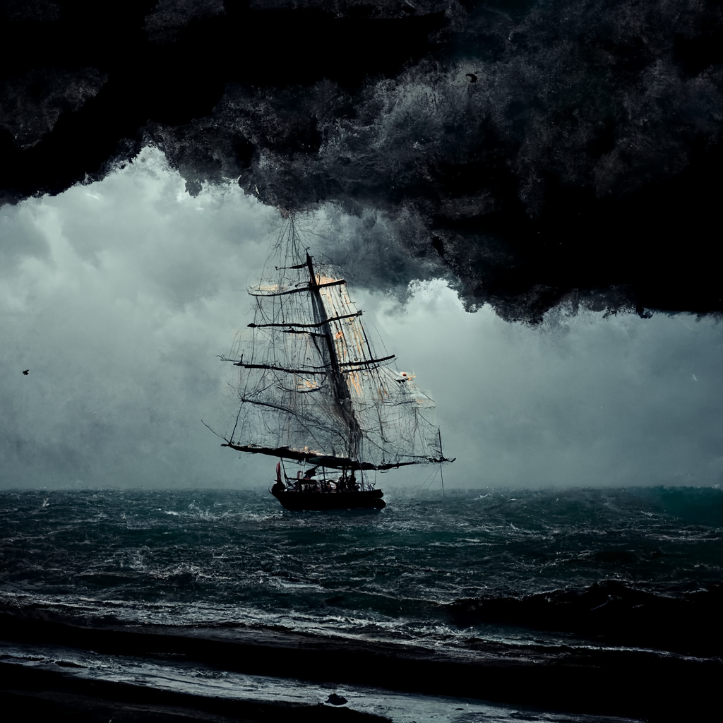  A semi-photorealistic illustration of rough seas. Dark, turbulent water fills the lower third of the image. In the middle distance is a black or darkened ship with a single mast, complex rigging, and multiple sails. The middle third of the image is 