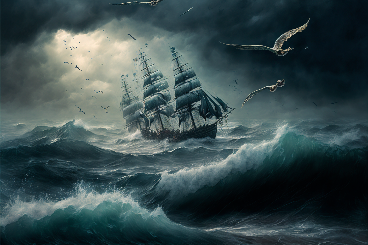  A somewhat cartoonish painting or illustration of a violently stormy sea, with tall waves crashing in all directions. In the middle distance there is a ship that appears to be foundering. It has tangled rigging and sails and is heeling to one side. 