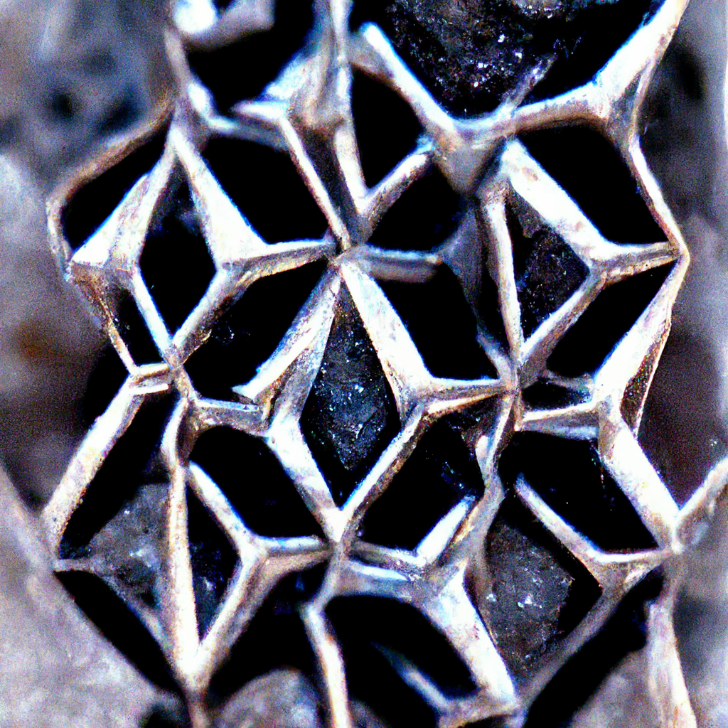  An image that resembles a close-up, macro, or possibly microscopic photo of a metallic lattice entrapping cubical black crystals. 