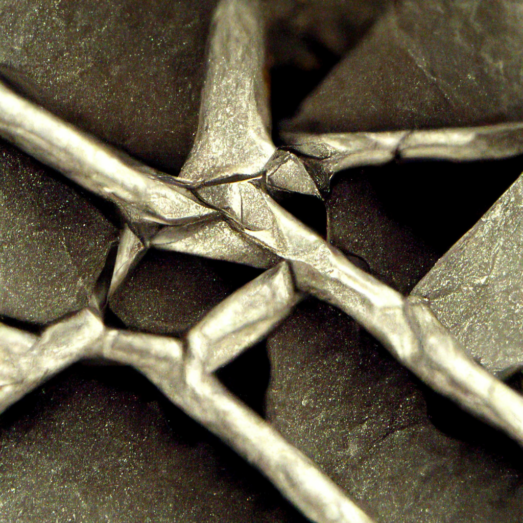  An image that resembles a close-up, macro, or possibly microscopic photo of a metallic lattice entrapping flakes of black stone. 