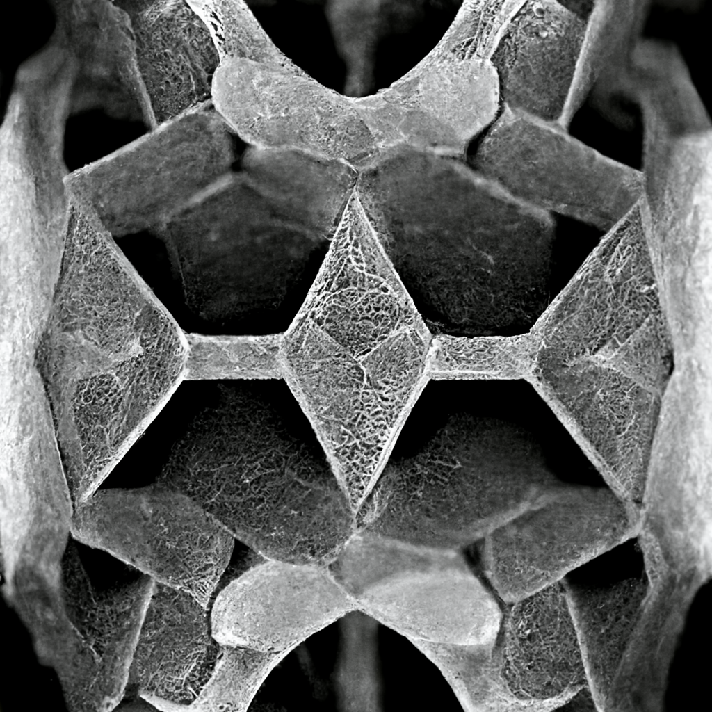  An image that resembles electron-microscopic imaging of a crystalline lattice stricture, focusing on a central rhomboid shape with a densely textured surface. 