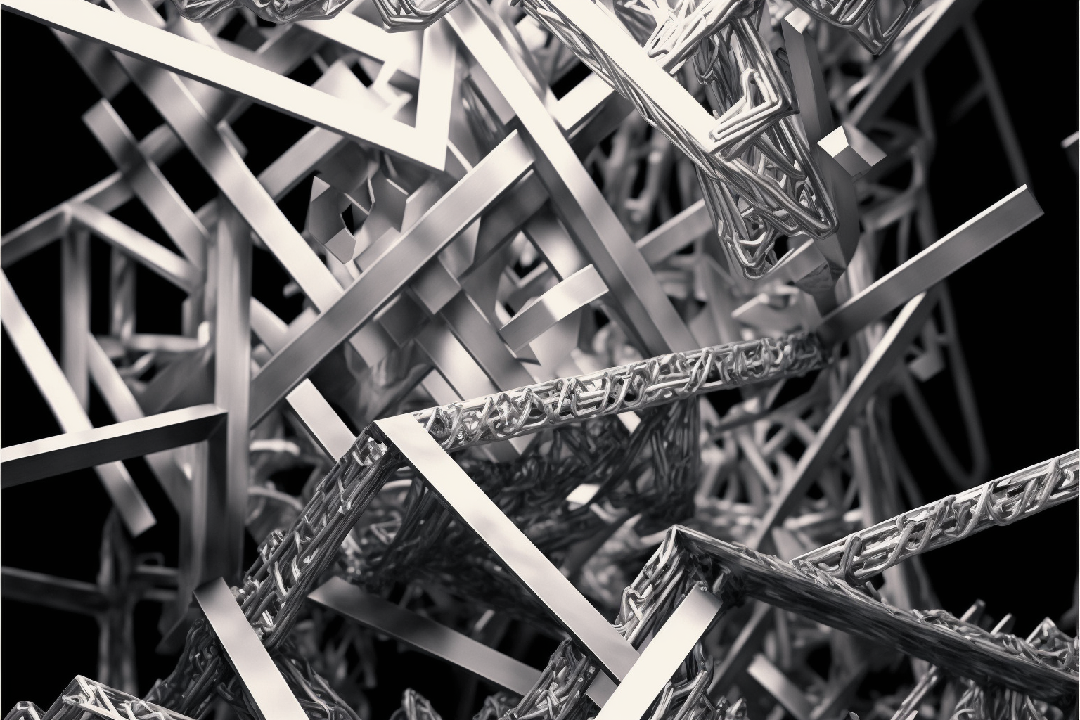  A nearly photographic illustration of a dense, disorganized cluster of long, thing metallic bars, some of which are smooth, some made of a lattice structure. 