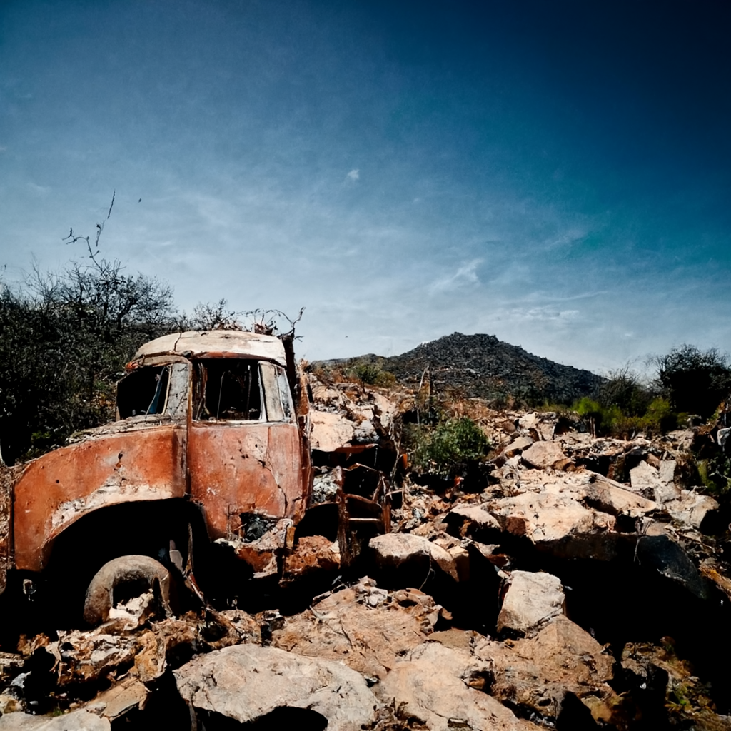  A photograph of a very dilapidated and completely rusted abandoned truck in a dry, rocky creek bed. Rocks, debris, and desert scrub are in the foreground and middle distance. A low mountain is in the distance and clear sky fills the upper half of th