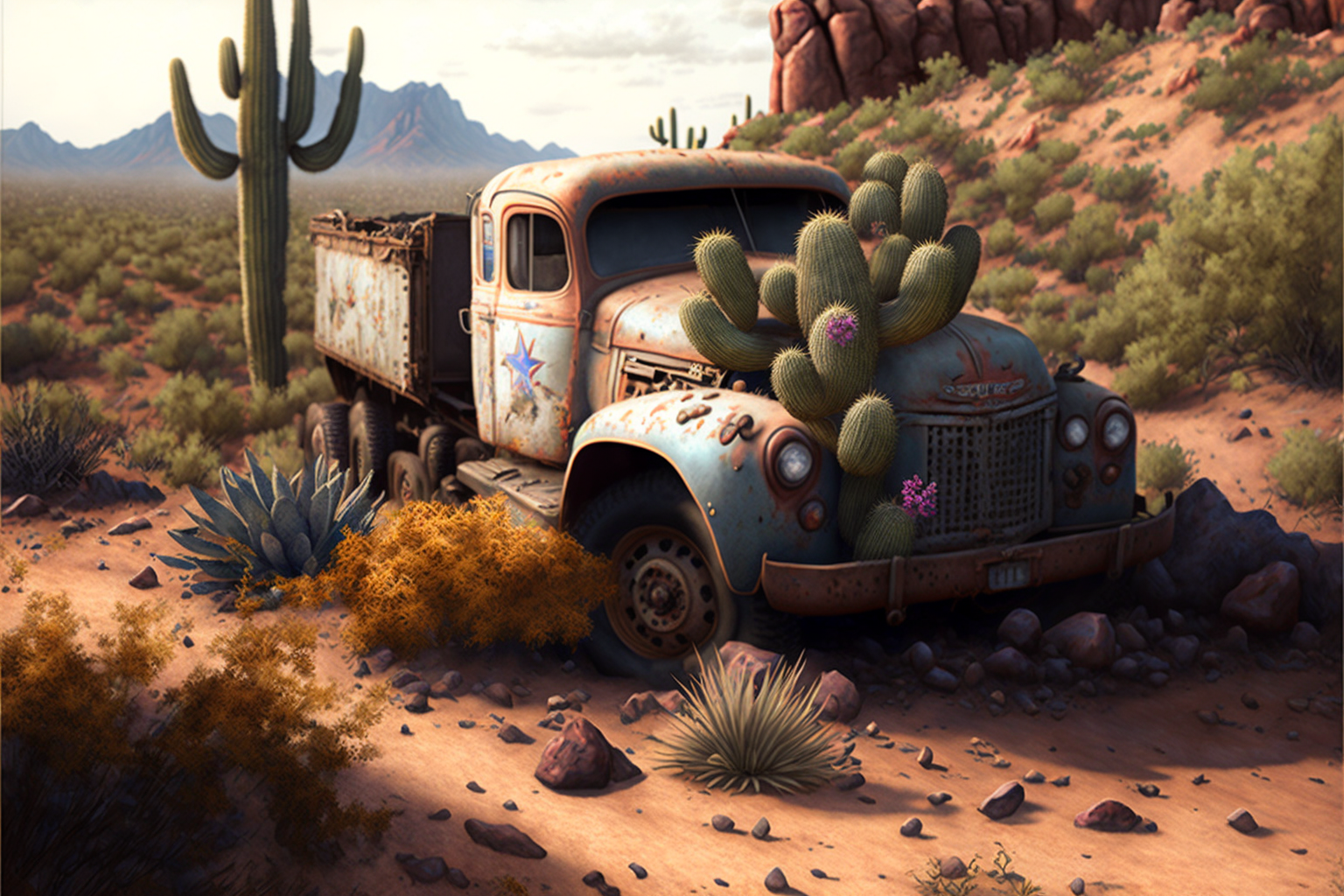  A cartoonish image of a rusty abandoned 1940s truck with a flat tire, and a flowering cactus growing out of its engine compartment. Stones and agave are on the ground in the foreground, a tall cactus is in the middle distance. A little further back 