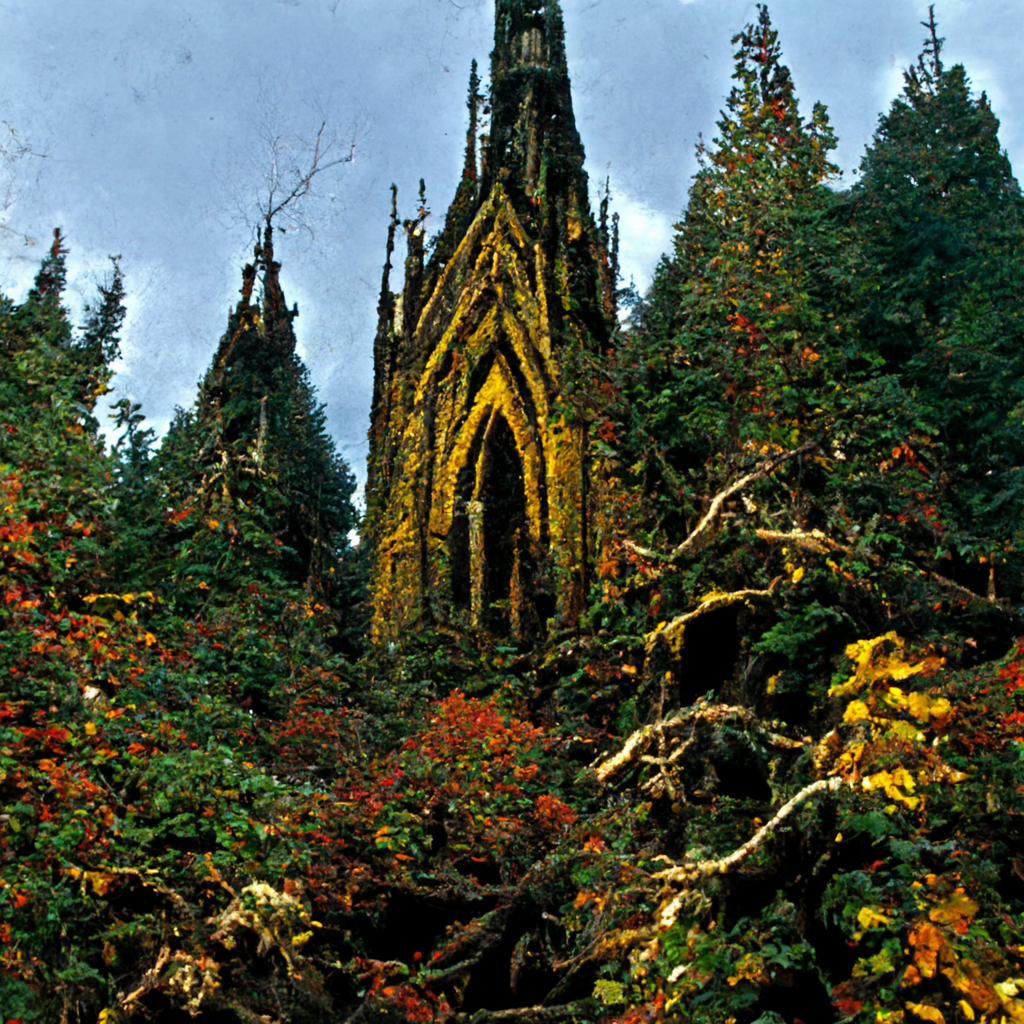  An oddly photographic and painterly image of a dense cluster of tall, pine-tree shaped treetops; green, with flashes of red and yellow foliage. In the center of the image, a tall Gothic church steeple stands with the trees. It is vaguely organic and