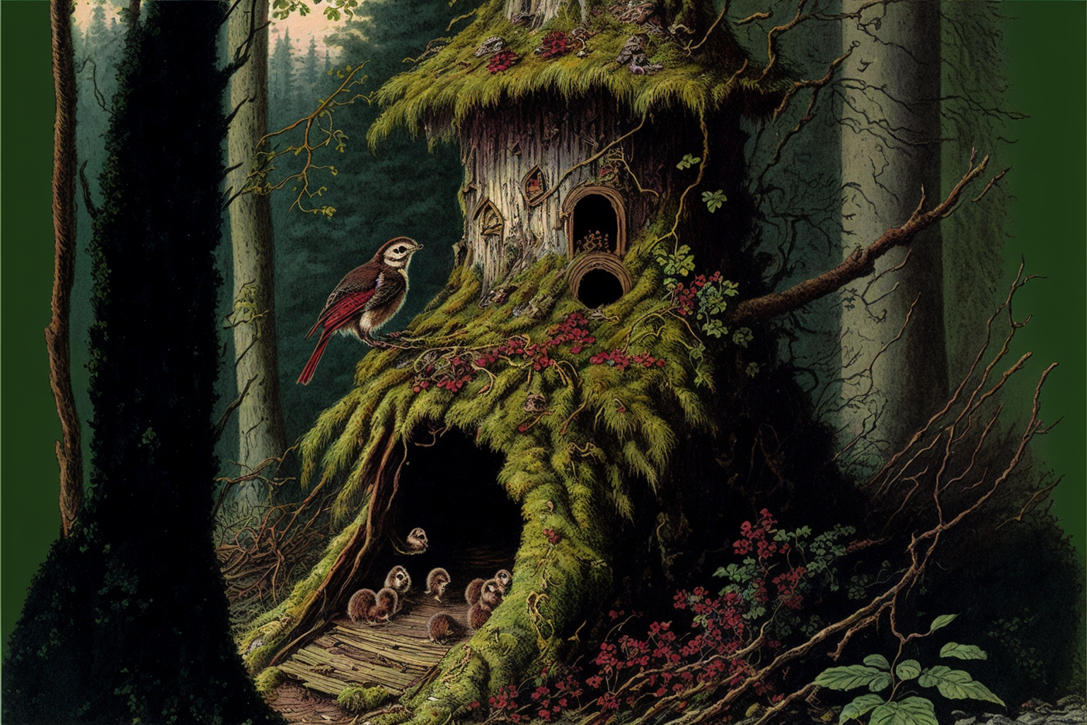  An illustration of a small house carved or grown out of the base of a tree. It has a large hold in front, surrounded by green leaves or moss. Further up the trunk the little house has a window. A bird stands above the main opening, and several small