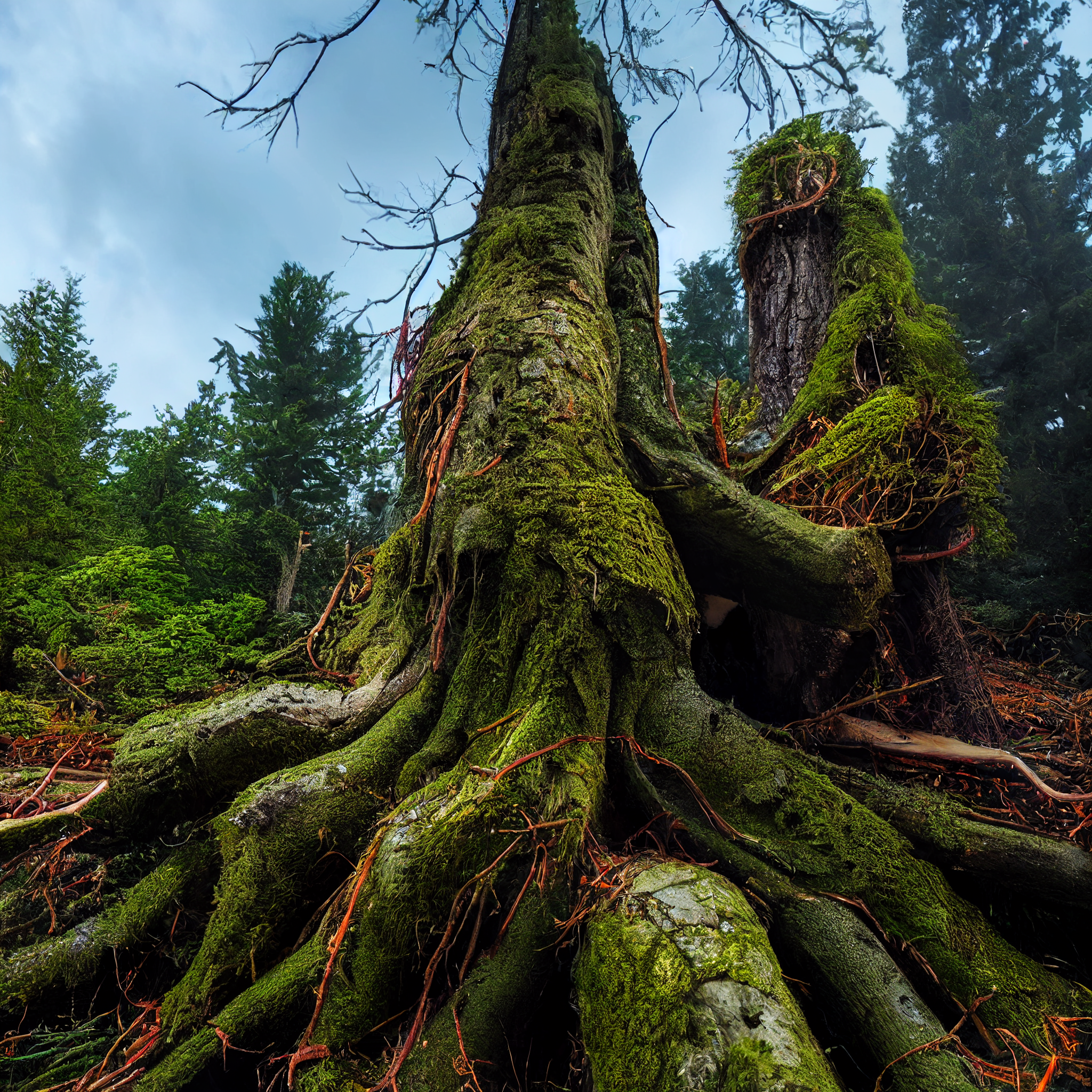  A photograph of a verdant forest scene, with a large tree trunk with massive exposed roots. A second tree trunk is right next to it. They are both covered in thick, lush, living moss. There are more green, lush trees and foliage in the background, s