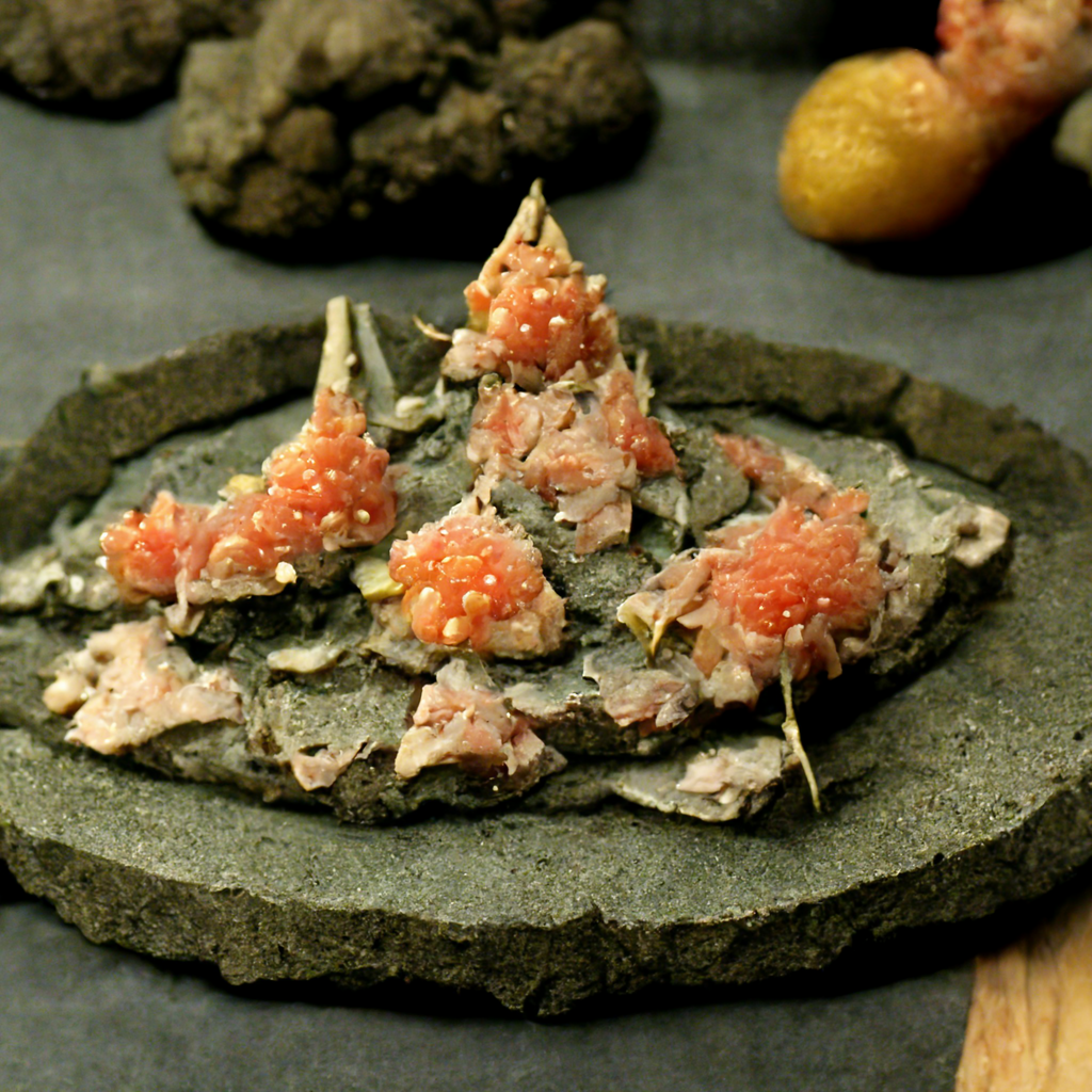  A photographic image of four or five small piles of what may be sashimi or roe, or spicy tuna, on a round, gray stone or concrete platter. 