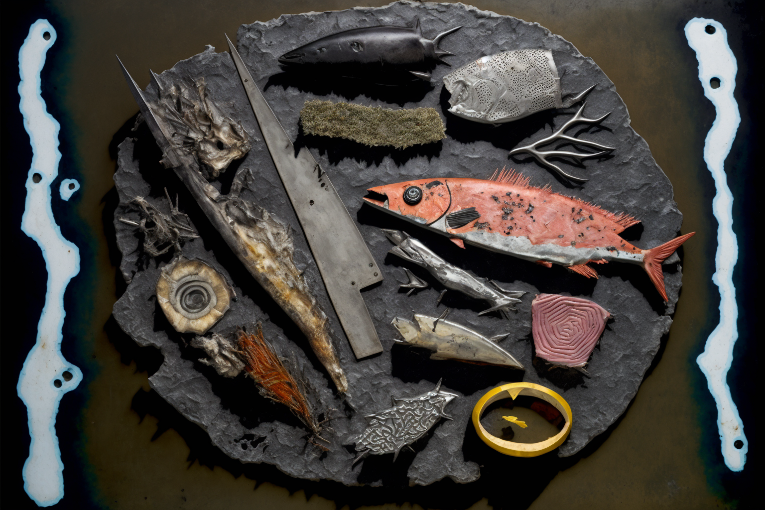  A large stone platter with an assortment of fish, strange crustaceans, and chunks of unidentifiable seafood, and a lemon peel, and a large knife blade. Ragged blue0white streaks of illustrated light flank the platter and evoke lightening or electric