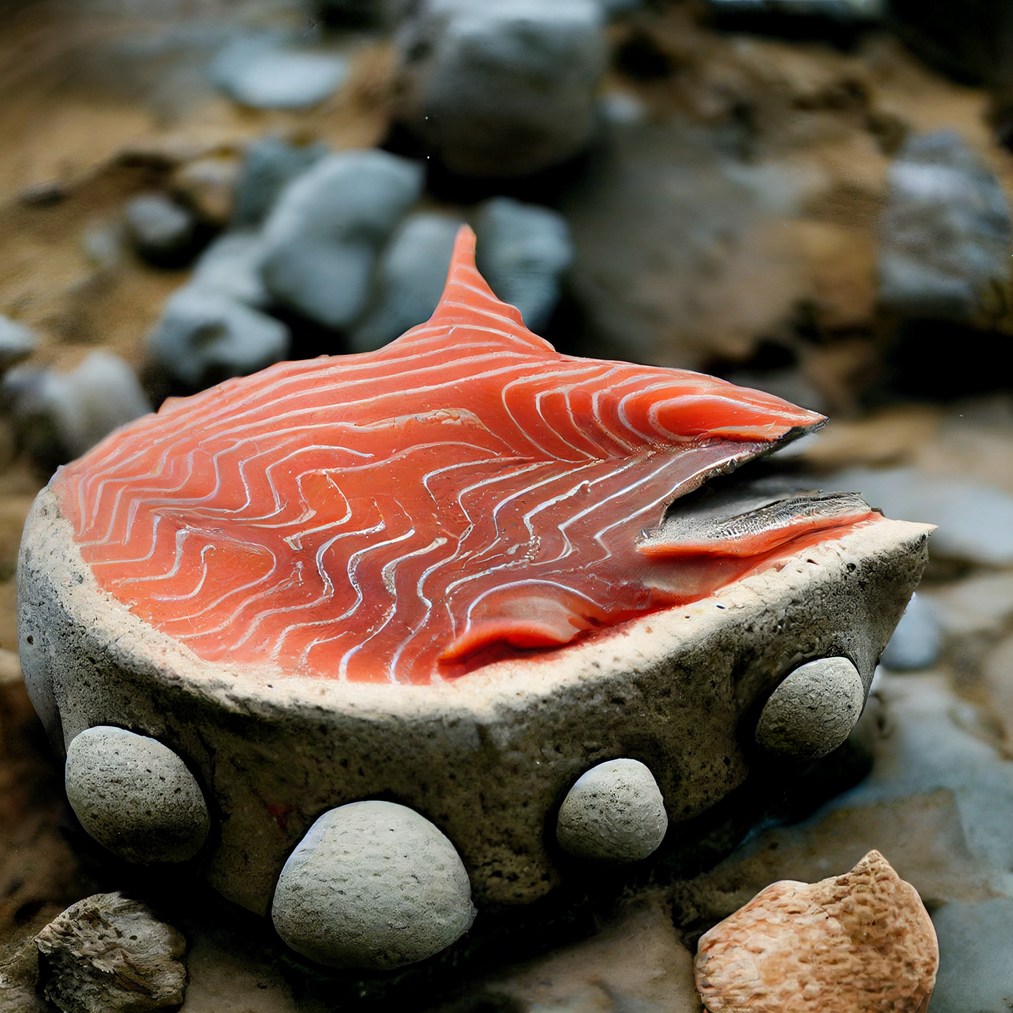  A photograph of what appears to be a cut of salmon, but instead of skin it has a concrete or rock-like outer surface with bulbous protrusions. Its immediate surroundings are blurry, but it may be resting on stone and surrounded by small rocks. 