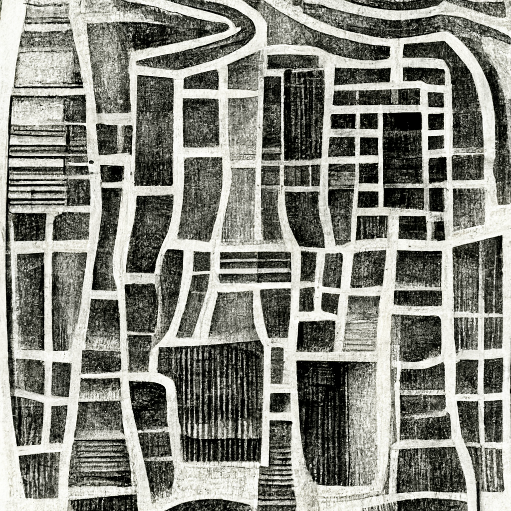  A high contrast charcoal drawing similar to an overhead view of a section of a city, an area roughly 8 blocks by 8 blocks. The streets have varied widths and most of them are gently curving, producing irregularly shaped blocks of buildings. The road