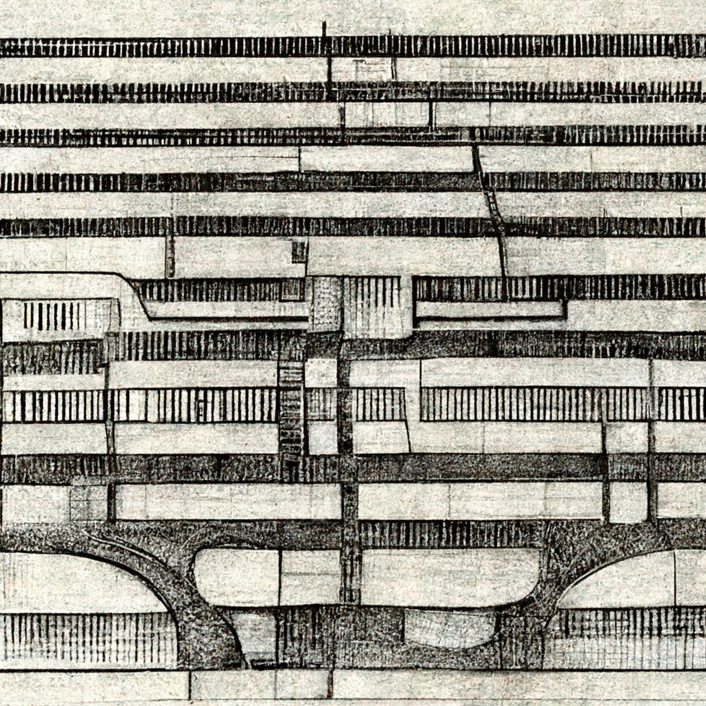  A pencil or charcoal sketch of many horizontal lines of varying thicknesses that run the entire width of the image, irregularly connected to each other by a few short, randomly positioned vertical bars. The horizontal lines are themselves composed o