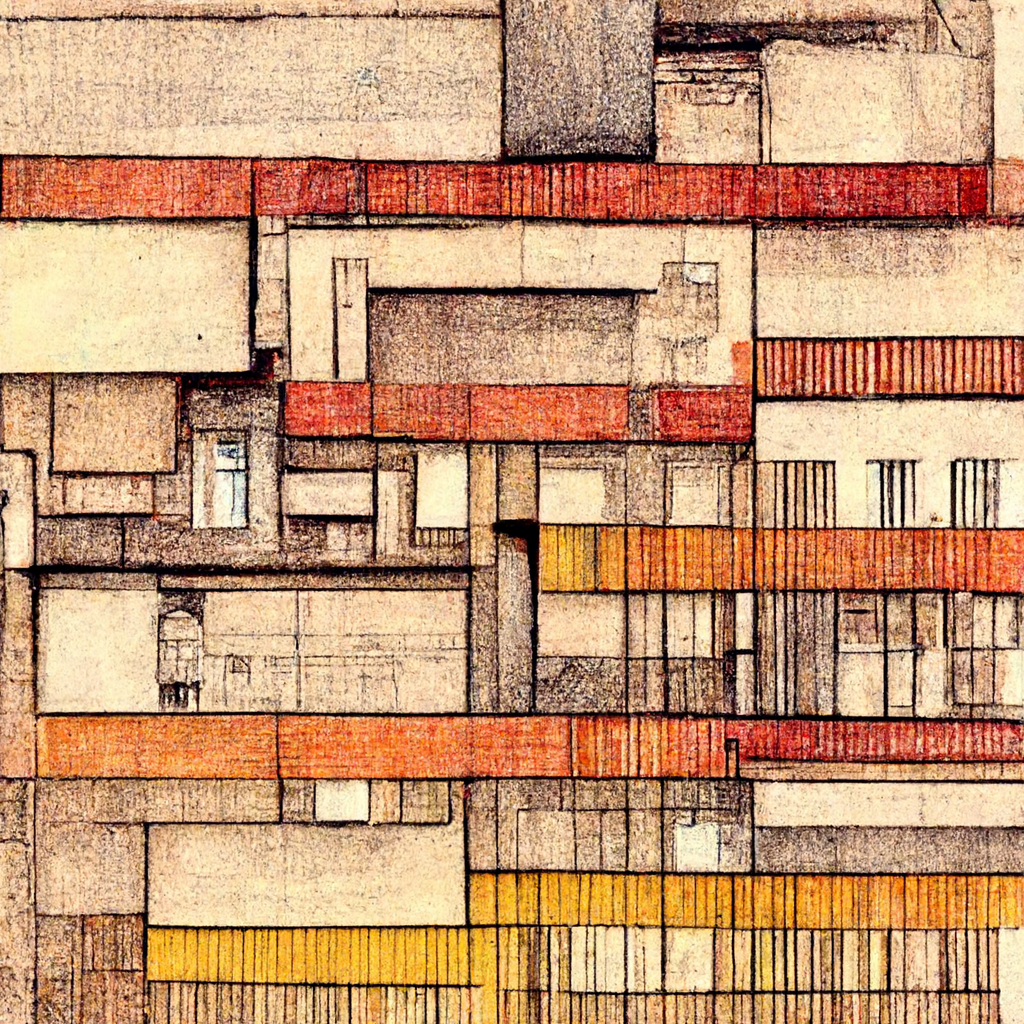  An illustration in  light grey, yellow, orange, and red colored pencil. It is a random-seeming arrangement of horizontal and vertical shapes and rectilinear patterns. They do evoke an architectural sketch of a section of an elevation of a complicate