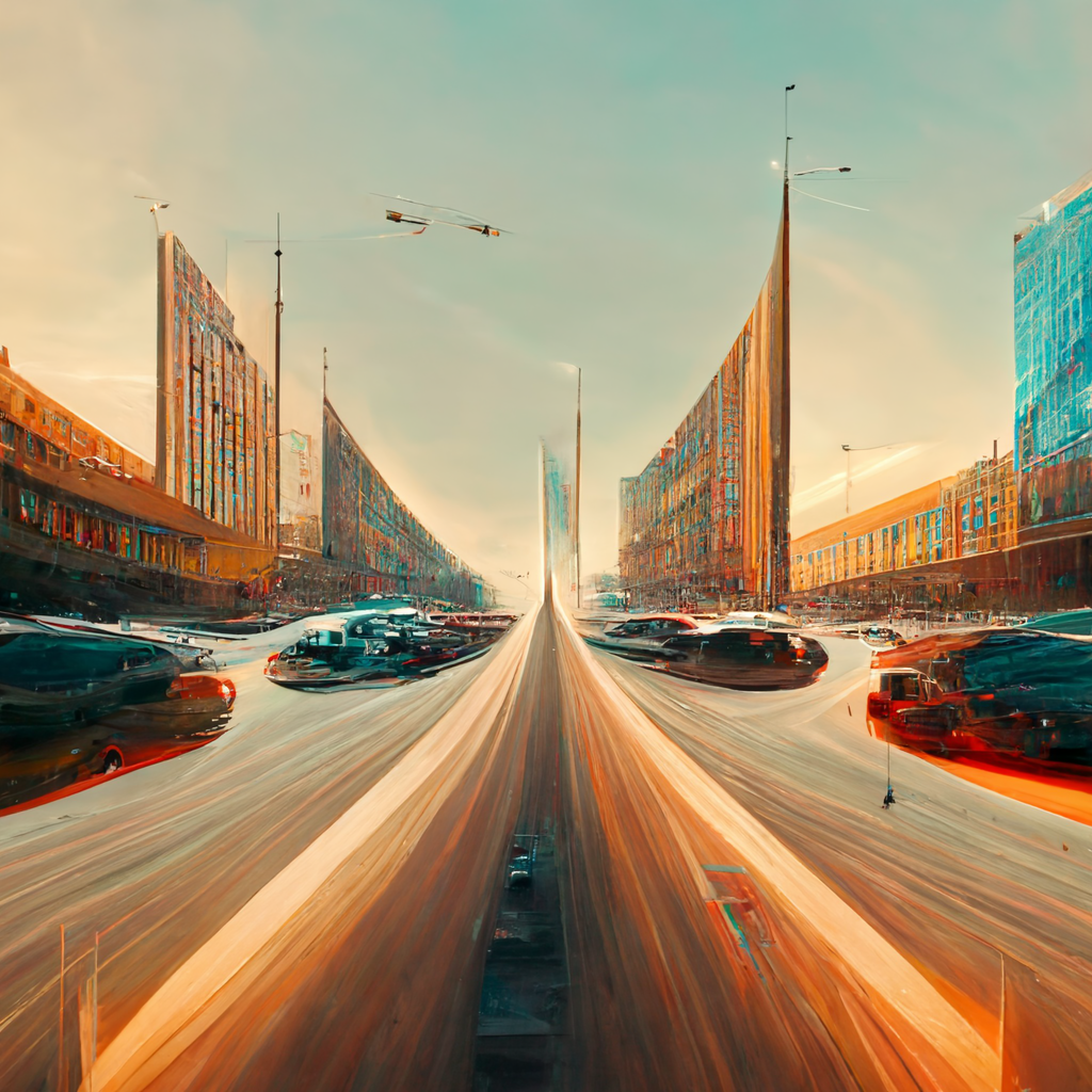  A very stylized illustration of a street, with a strong blurred effect that suggests motion and speed. Viewer’s vantage appears to be as though from the center of the street, looking down its length, into the depth of the image. Buildings and cars a
