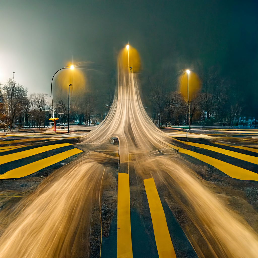  A photographic image of a very large street intersection, or open paved area, at night, with no buildings nearby. The ground is marked with large, bold yellow markings resembling crosswalk markings. Thera are street lines in the middle distance and 
