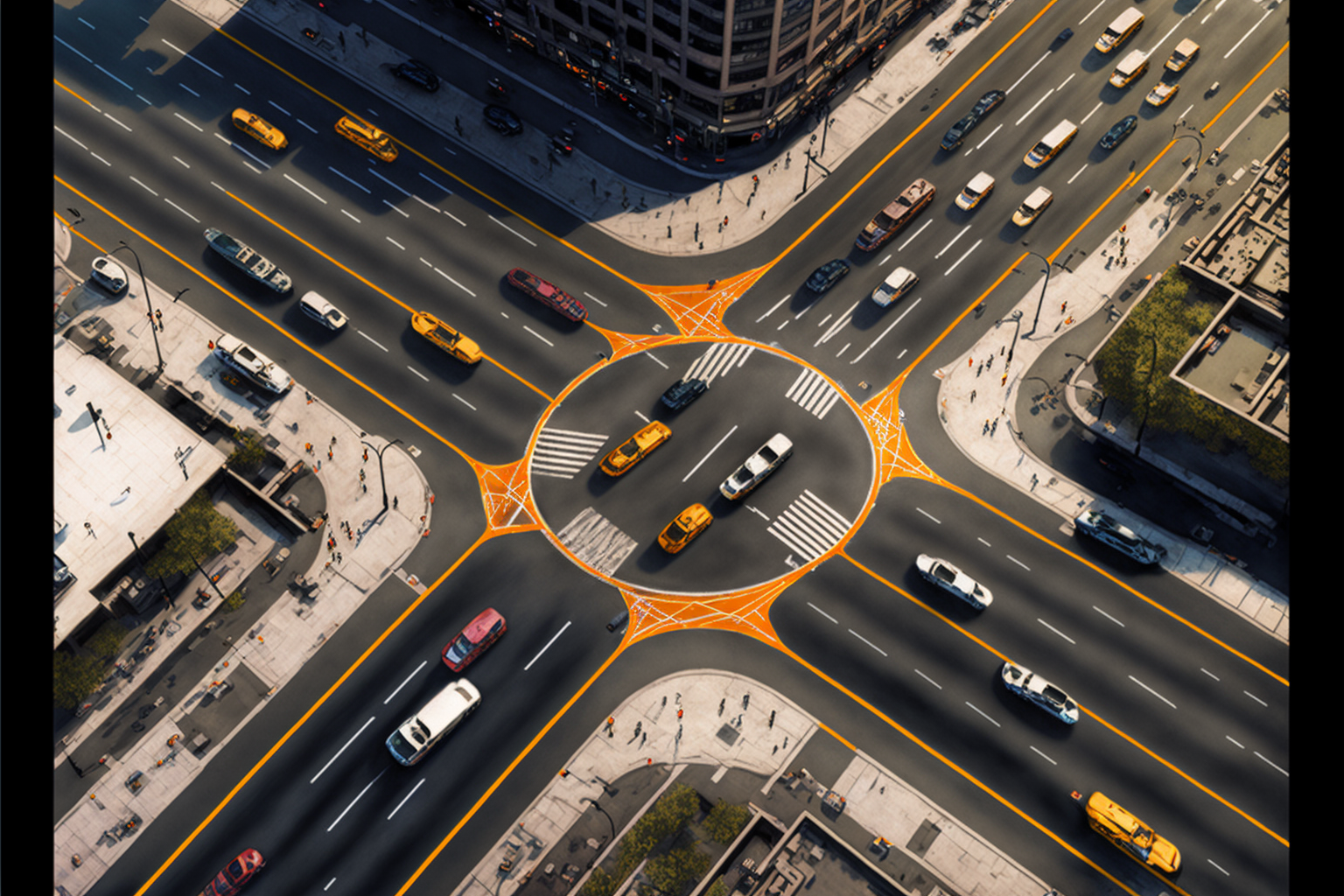  A detailed illustration of a busy four-way intersection, viewed from above.  The cars are irregularly shaped, and roads and intersection are not quite realistic. One street has five lanes the other three. There are irregular, oddly positioned crossw