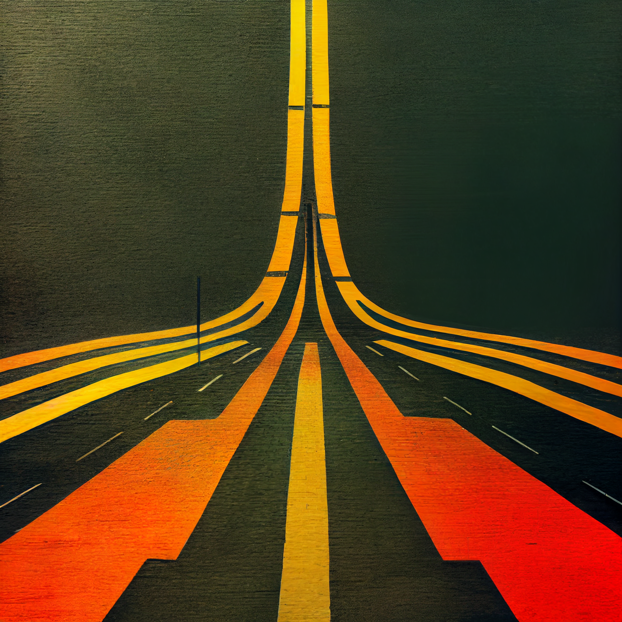  An illustration of thick, bold colored lines that resemble painted crosswalk and lane dividing lines. They enter the image from its bottom edge and converge in the center of the image and rise vertically in the distance. It is suggestive of the view