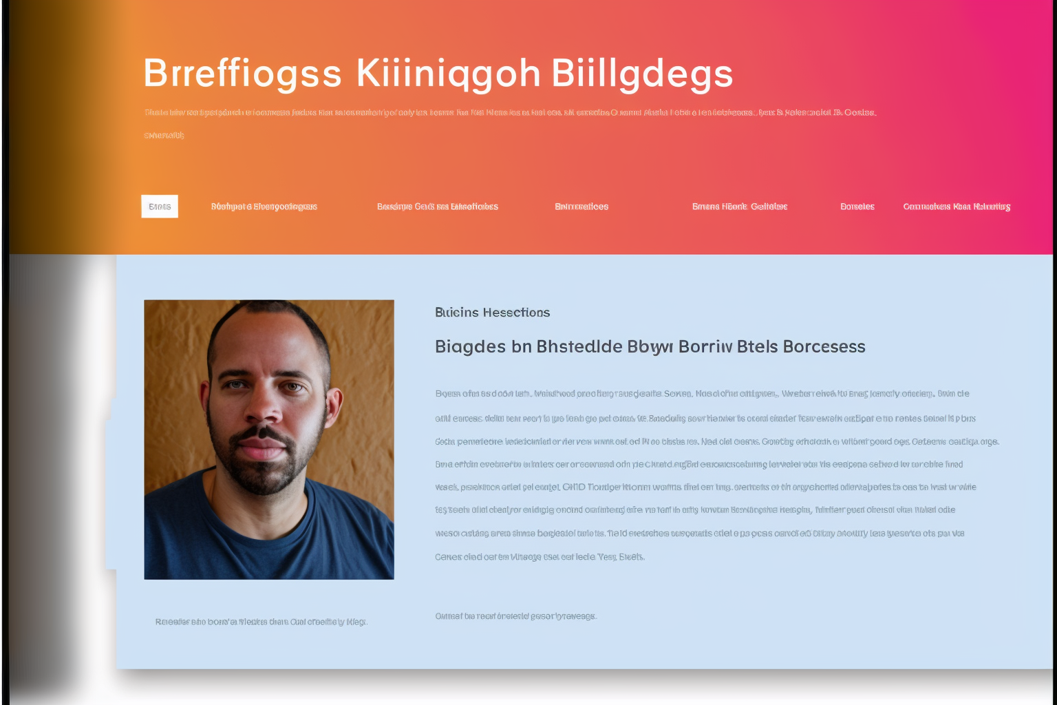  An image of a rough mockup of a website. The top third is fades from orange on the left to magenta on the right, with nonsensical words in a bold white font: Brreffiogss Kiiiniqgoh Biillgdegs. There is very small illegible text below that, and furth