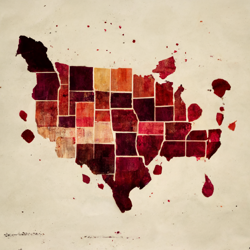  An image that resembles a bloody map of the continental United States, with very inaccurately shaped states. There are some extra states where there are none, and many states are missing. All the states are rendered in varying shades of blood red of