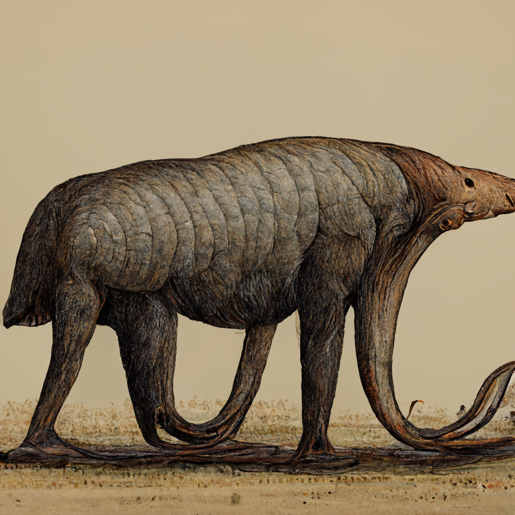  A strange animal-like creature or object with vague elephantine features. It has four oddly shaped, thick limbs which may be legs. It is presented in profile, and at one end is a narrow, pointed head with long curving trunk-like appendage that exten