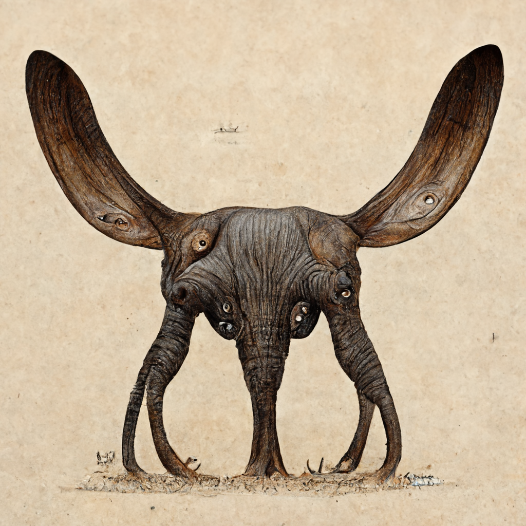  A strange, bilaterally symmetrical creature that appears to be an amalgam of elephantine features. A head or body with large wing-like ears extending outward and upward. Four appendages extend down to the ground on either side, and appear to be eith