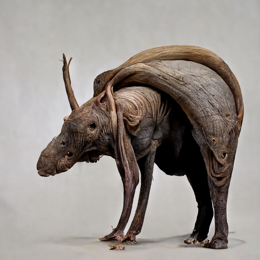  A strange animal-like creature or object with made of leathery, desiccated material, like taxidermy. It stands on four legs. The front two legs are thin, and the back two legs resemble an elephant’s. It has a large moose or rhinoceros-shaped head wi