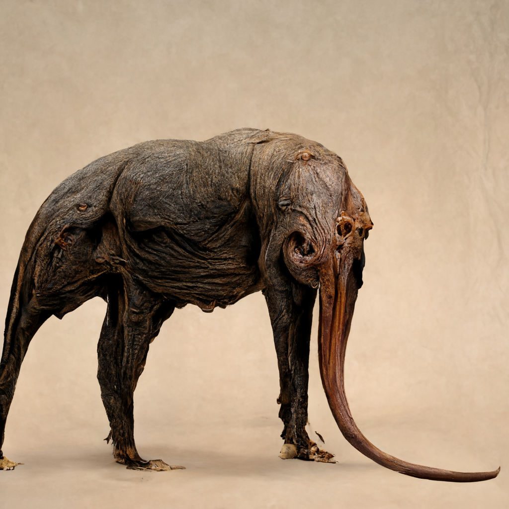  A strange animal-like creature or object with elephantine features and shape, made of leathery, desiccated material, like taxidermy. It stands on three legs. It has a large head that appears dead or decaying. It has a single curved tusk that extends