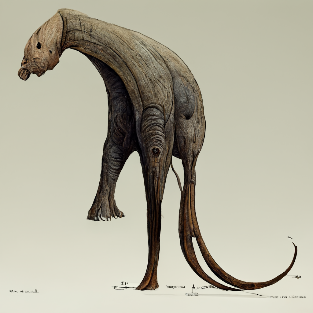  A strange animal-like creature or object with vague elephantine features, made of a wooden, or leathery, desiccated material. It stands on an elongated leg, and has another, much shorter elephant-like foot held high up off the ground. It has a long 