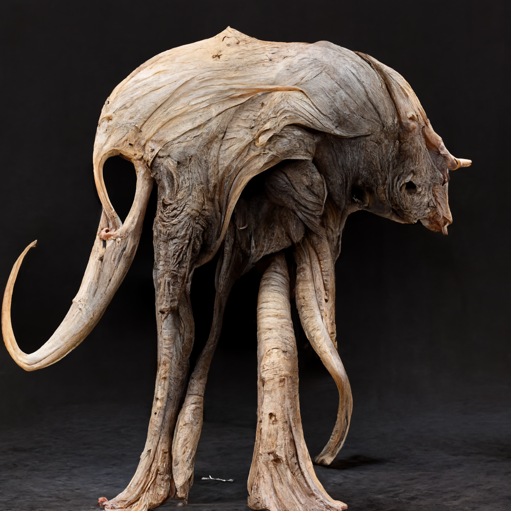  A strange animal-like creature or object with vague elephantine features, made of a wooden, or leathery, desiccated material. It stands on two or three legs or tree-trunk appendages. It has a curved tusk on one end, and a trunk-like appendage on the