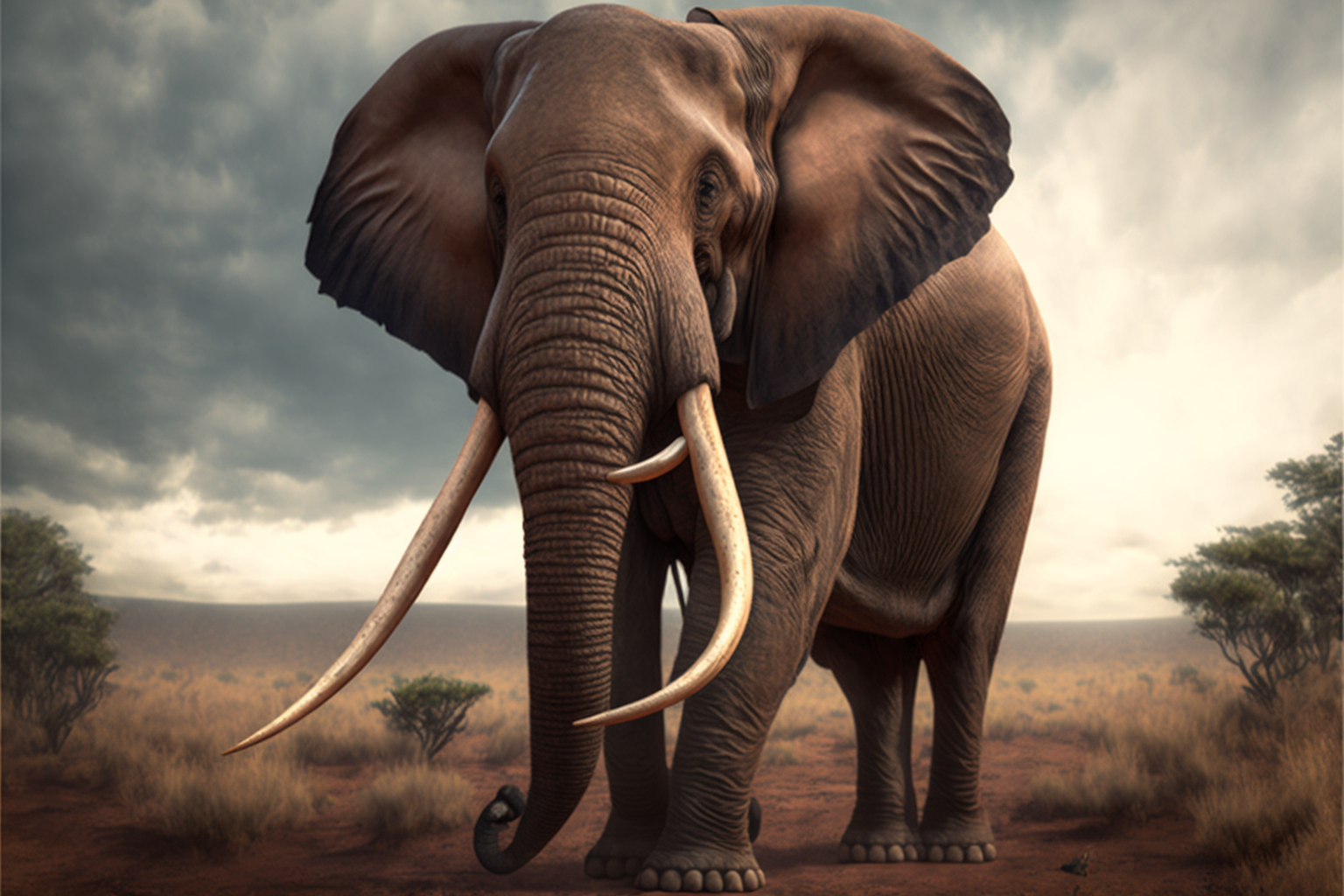  An African elephant, but with some slightly unusual proportions. Its trunk tapers too thin at its end. It has an extraneous short tusk projecting outward from the base of one of its normal tusks. It has too many toes on its feet. Its head is slightl