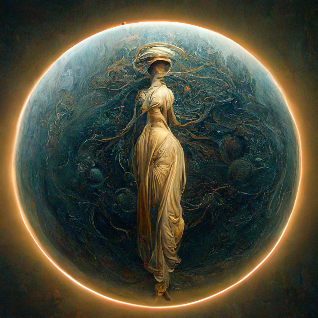  Against a dark background, a large planet, viewed in full, nearly fills the image. It is dark blue with wispy, swirling marbled details. It is lit from behind as though it is eclipsing the sun, creating a thin, bright halo effect around its perimete