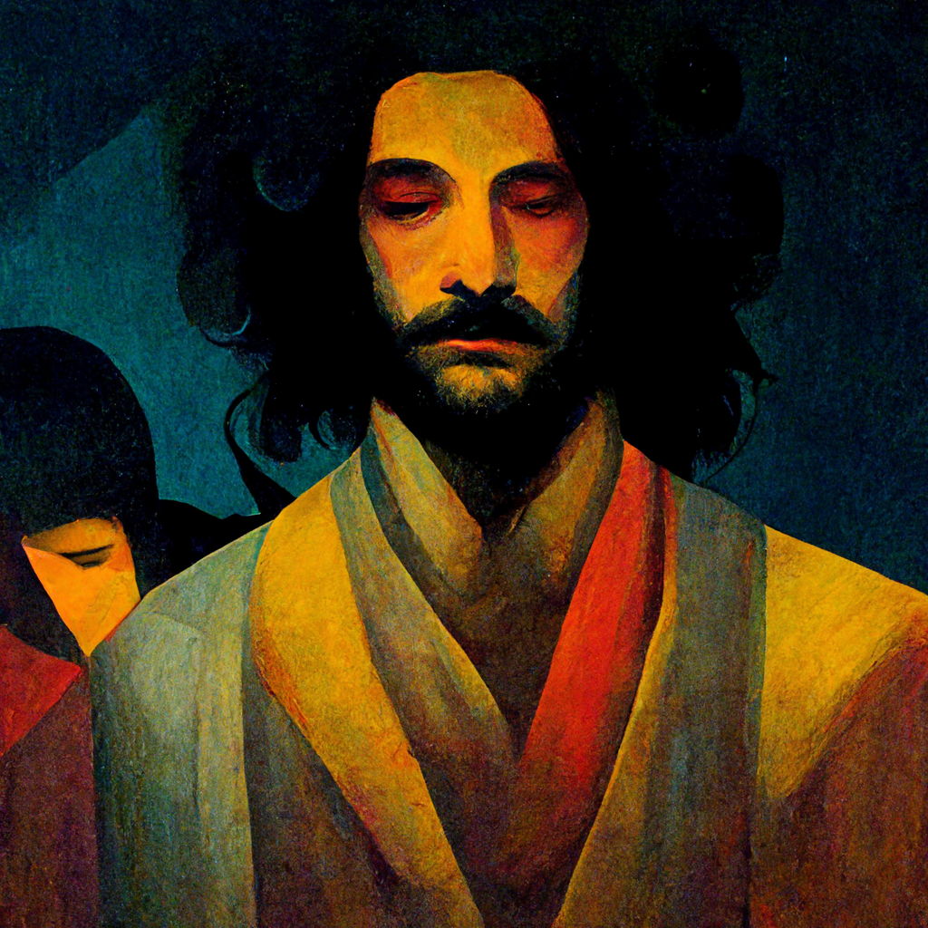  A stylized portrait of a man with shoulder-length black hair and a dark beard. He is shown from chest up, and he nearly fills the image. He is depicted in low detail, wearing a multi-colored robe that is rendered in low detail. His eyes are either c