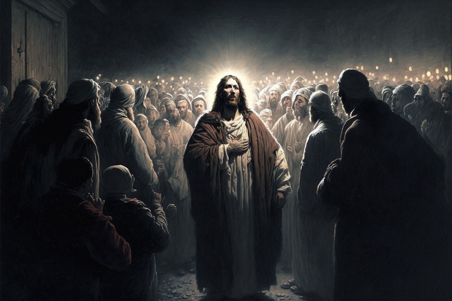  A detailed painting of a nighttime scene of a crowd of scores or hundreds of people standing around a robed man with stylings typical in Christian iconography: he is wearing a robe, he has long brown hair and beard. He has a bright light source behi