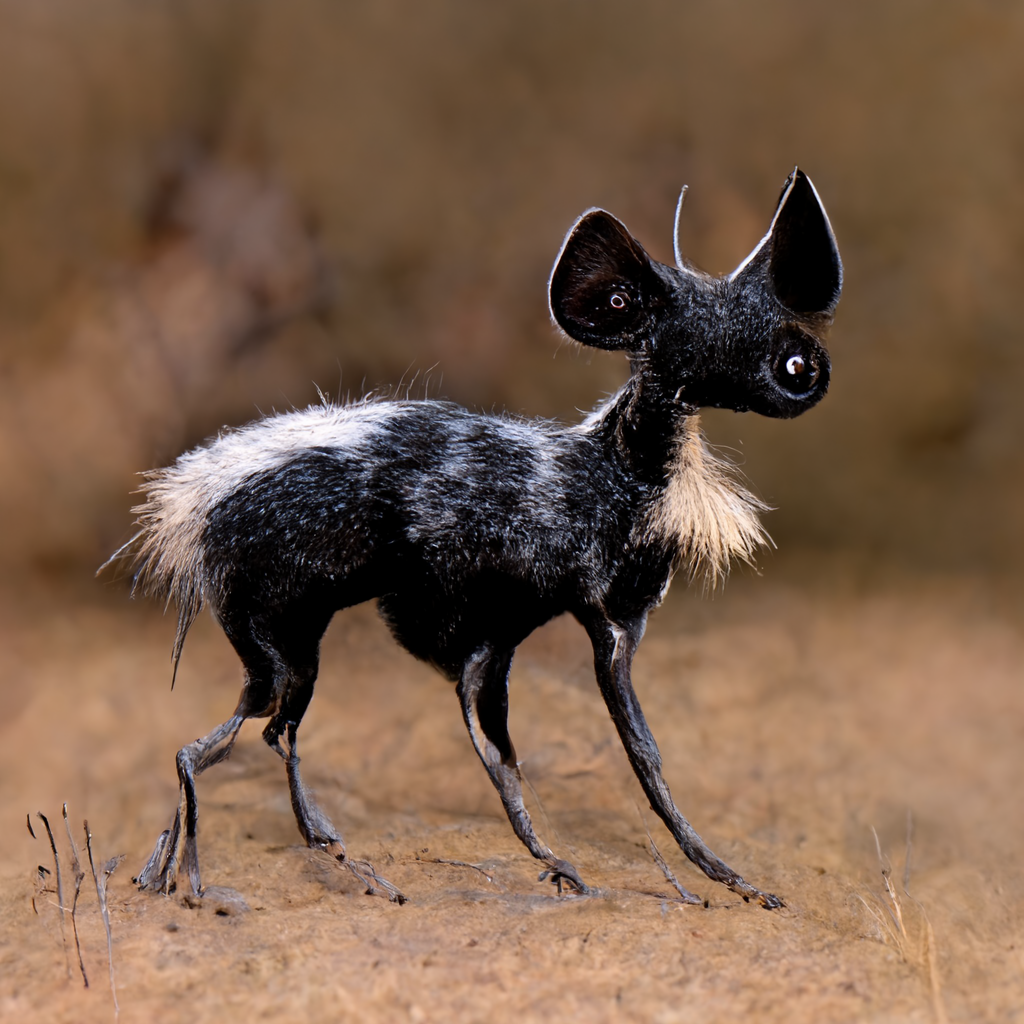  A strange, small, chihuahua-like dog or object with large ears and a single horn or antennae protruding from the top of its head. It has a single eye where a dog’s nose would be. It has no mouth. Its fur is black with white streaks. It has tufts of 