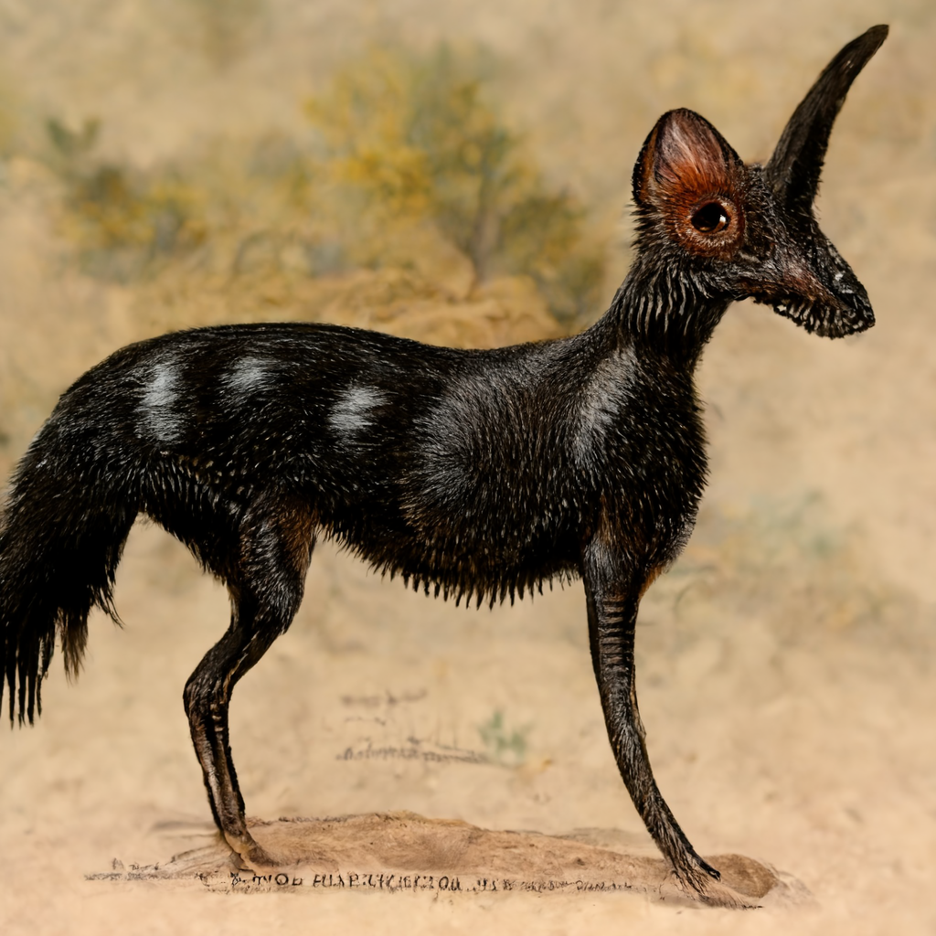  A strange, small creature with a dog-like body, but with large cat-like ears and a single horn extending from its forehead. It has unusual fur, with a somewhat feathery texture. It has a long bushy tail. It is depicted in profile, and only one front