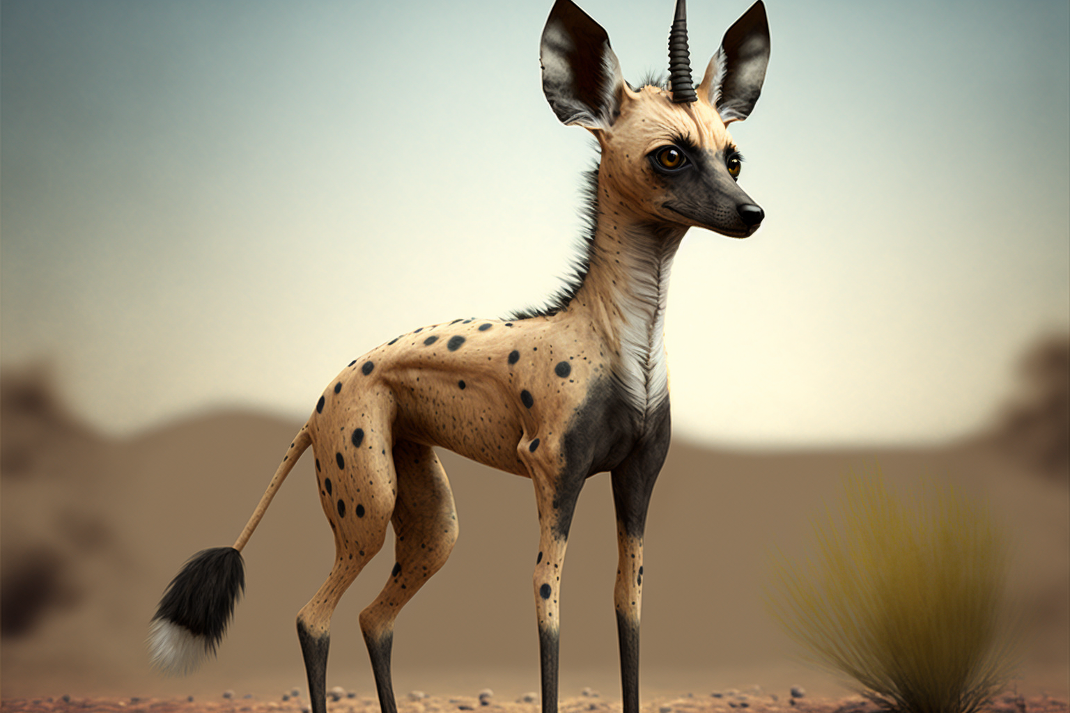  A very unusual, but charming and anatomically plausible animal that resembles a cross between a dog, a gazelle, and possibly a giraffe. Its overall body appears dog-like with long legs and a longer-than-usual neck. It has a head and face like a chih