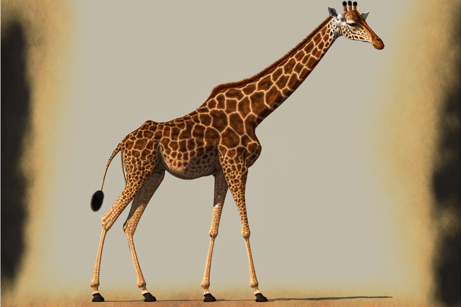  A giraffe. It is immediately recognizable even to a casual viewer. A careful inspection reveals several small imperfections, such as a third short, horn-like protrusion on its head where there should only be two. It has a second tail that is mostly 