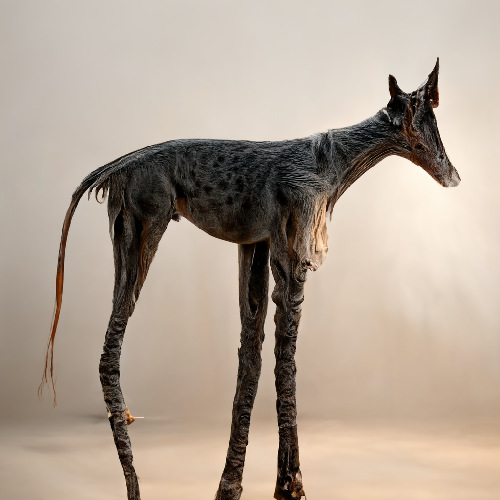  A strange animal or object with a horse or dog-like body plan, but with three very long legs; two in the front and one in the back. It has a long wispy tail. Its head is shaped similar to a giraffes. The entire animal appears to be made of a wrinkle