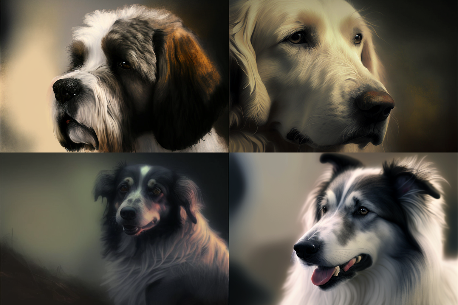  Four separate, painterly but very accurate images of dogs. 