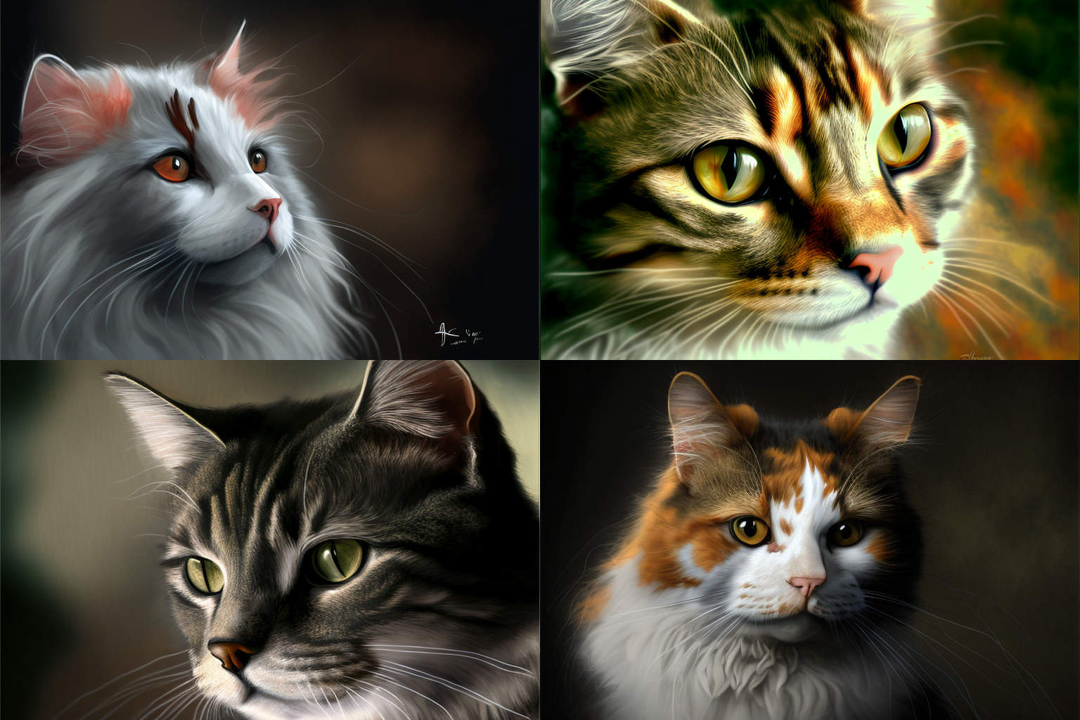  Four separate, very accurate but painterly images of cats. 