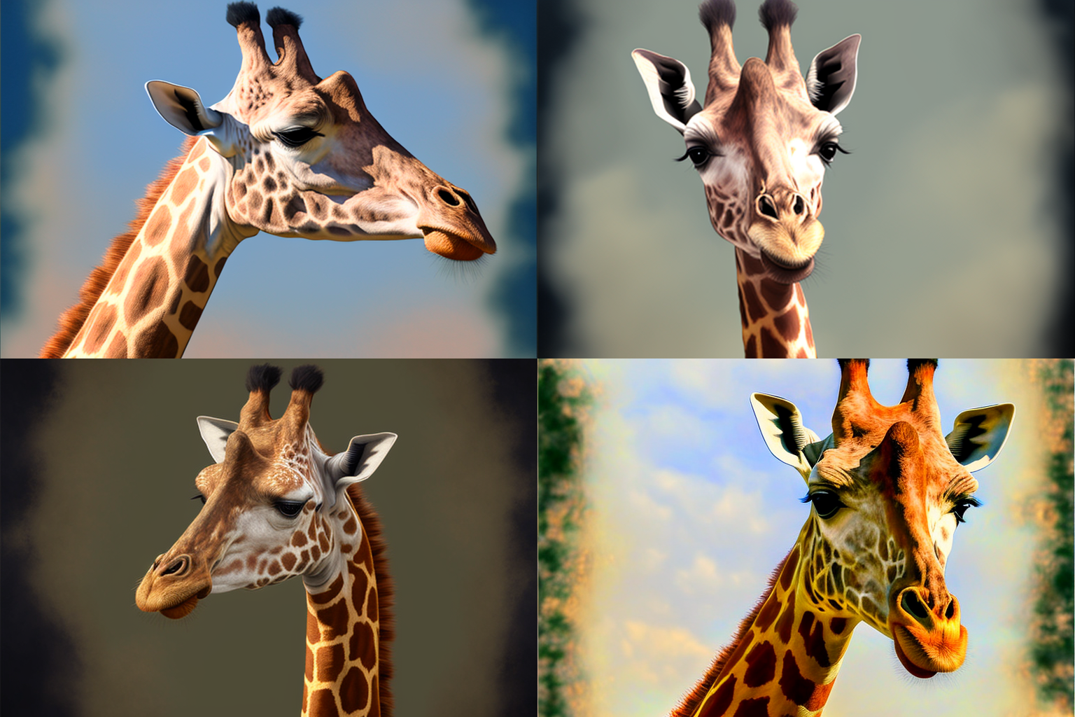  Four separate images of giraffes’ heads. Three are very realistic. One is realistic, except the puzzle-shaped patches in its fur pattern at its jaw are rendered inaccurately as depressions. 