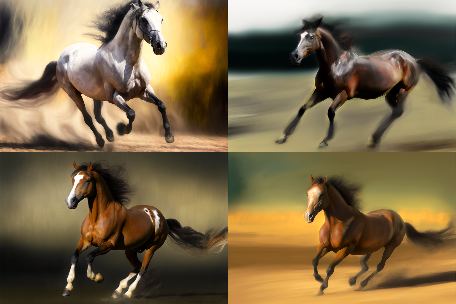  Four separate, images of horses running. They are all very accurate; two are painterly, one is nearly photographic. They all have blurred effects as if photographed in motion. 