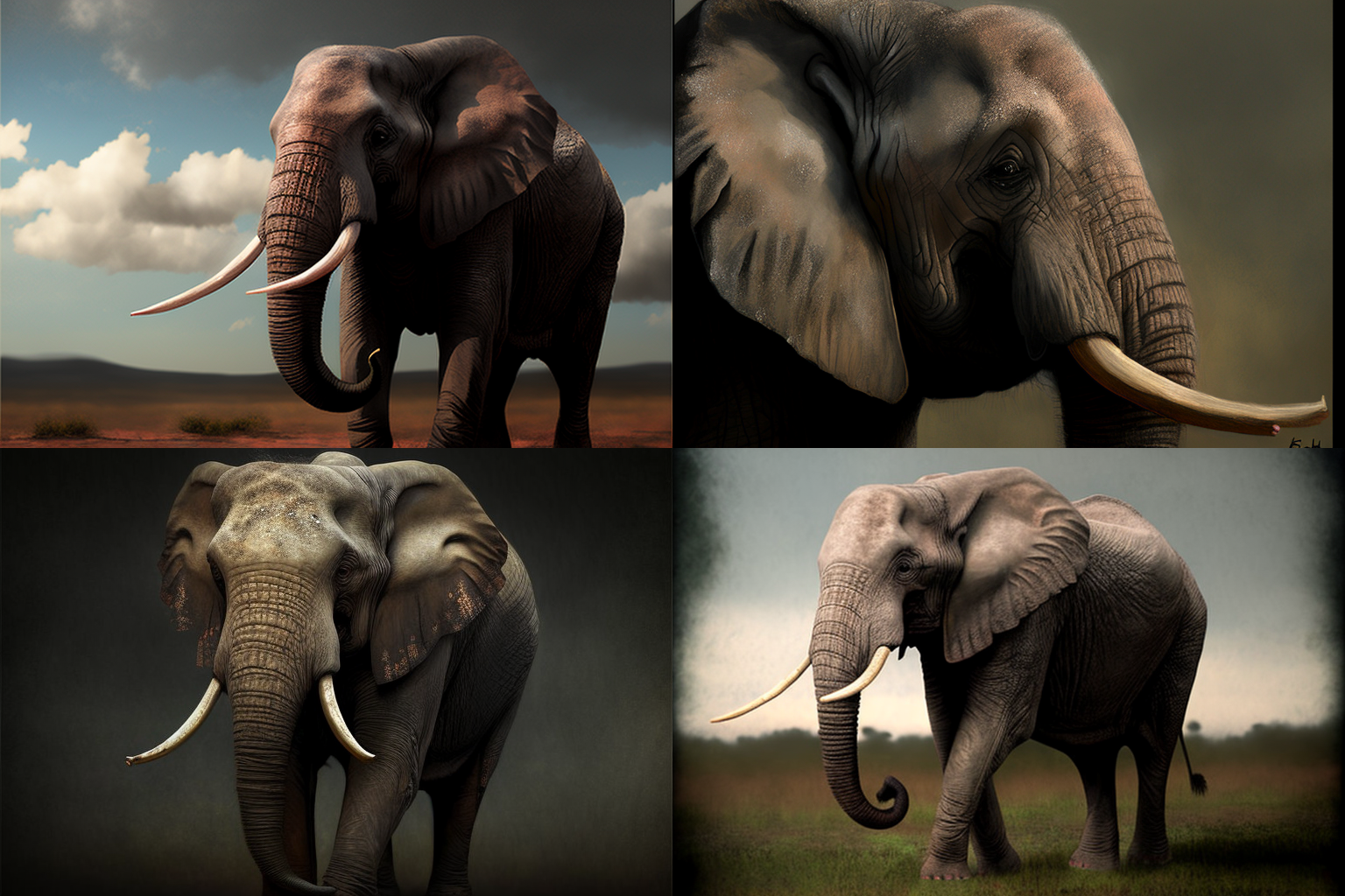  Four separate, nearly photographic images of elephants. 