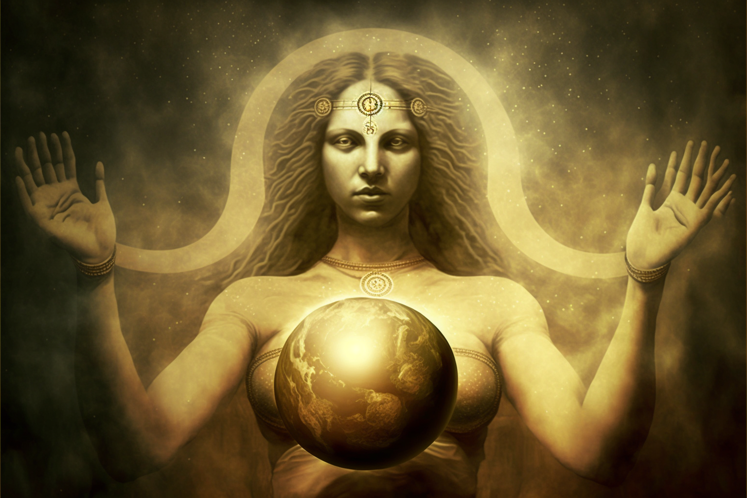  Illustration of a woman from the waist up, facing the viewer, in a symmetrical pose with her arms bent at the elbows, her forearms raised, holding her hands outward and up to the level of her face. She wears bracelets on both wrists, and the palms o