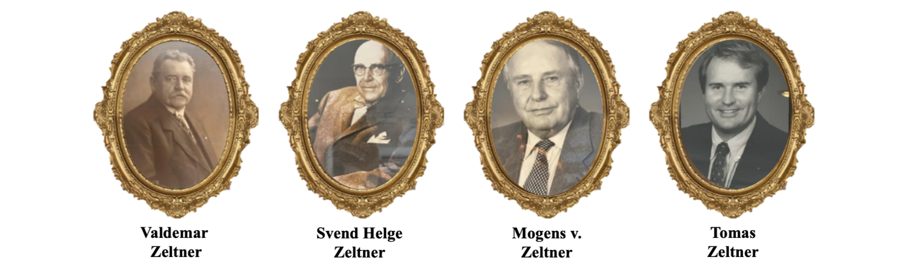 Four sepia-toned portrait photos in ornate gold frames, each featuring members of the Zeltner family. From left to right: Valdemar Zeltner, Svend Helge Zeltner, Mogens v. Zeltner, and Tomas Zeltner, with their names listed below.