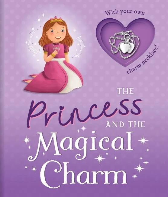 Book cover titled "The Princess and the Magical Charm," featuring a cartoon princess holding a heart-shaped charm. The background is purple with polka dots, and the cover includes a heart-shaped cutout showing a silver charm necklace.