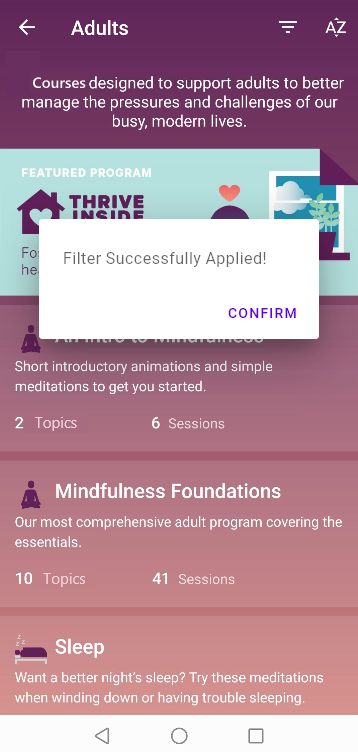 Filter application pop-up