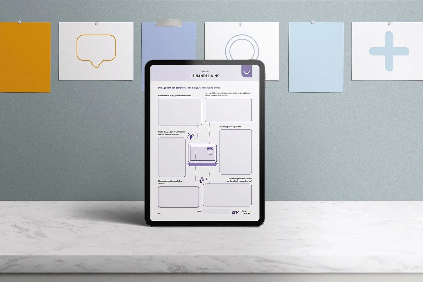 Voor het project 'Mind the gap' van @cnvjongeren ontwierp ik de huisstijl en een toolkit vol opdrachten.⁠
⁠
Hier zie je &eacute;&eacute;n van de opdrachten. Ze zijn allemaal digitaal invulbaar, maar tijdens het ontwerpen heb ik er ook rekening mee ge