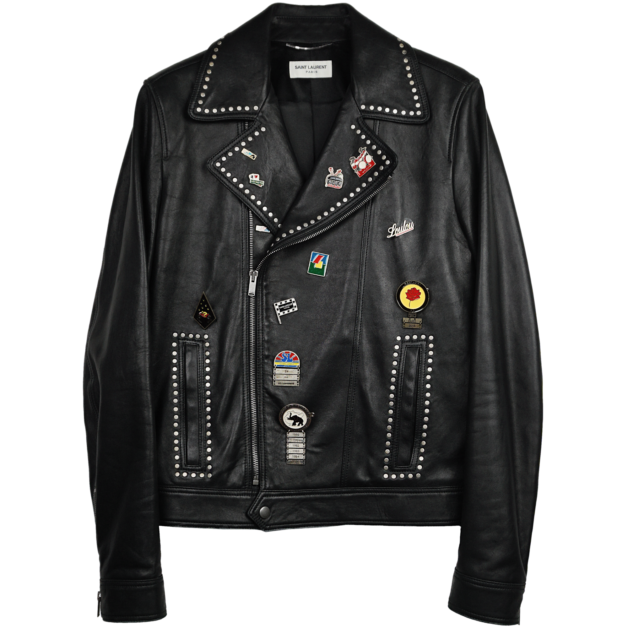 Saint Laurent Paris Leather Jacket With Metal Studs And Pins
